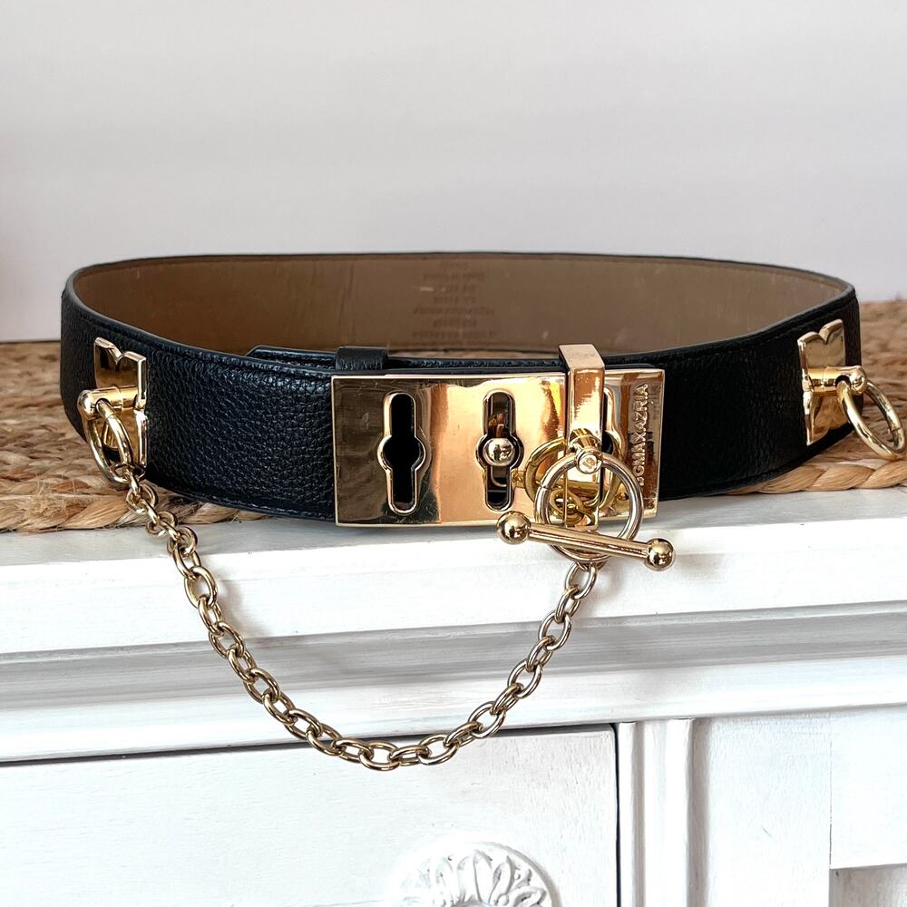 BCBGMAXAZARIA Faux Black Leather Gold Metal Hardware Chain Toggle Belt Medium